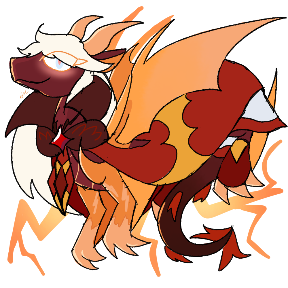 A drawing of Puff in flight. Her appearance is different from the site art; her horns have a vague lightning bolt shape, her cape is maroon with gold detailing, and its collar is exaggerated. A dark red gem sits at the base of the cape, veins emerging from it connecting to her scales. Her arms are completely orange, similar to Azzy's accent, and her tail has scattered red spikes. The spade is splayed and red.